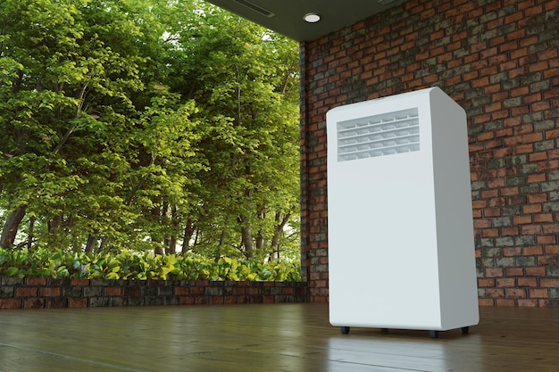 mobiele airconditioner in een kamer met een groot raam 3d