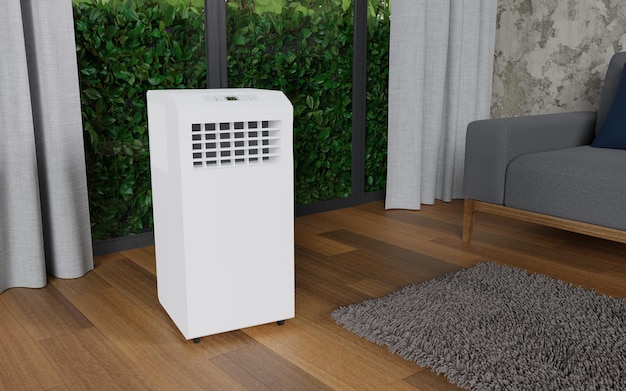 Mobiele airconditioner in een kamer met een groot raam grijze bank grijze gordijnen houten parketvloer