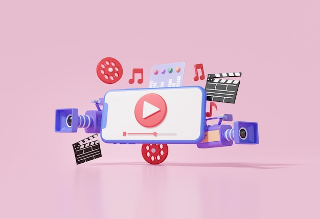 Mobiele moderne video afspelen met filmcamera drijvend op roze achtergrond entertainment media creatieve professional Cartoon minimale internet banner kopie ruimte 3d render illustratie