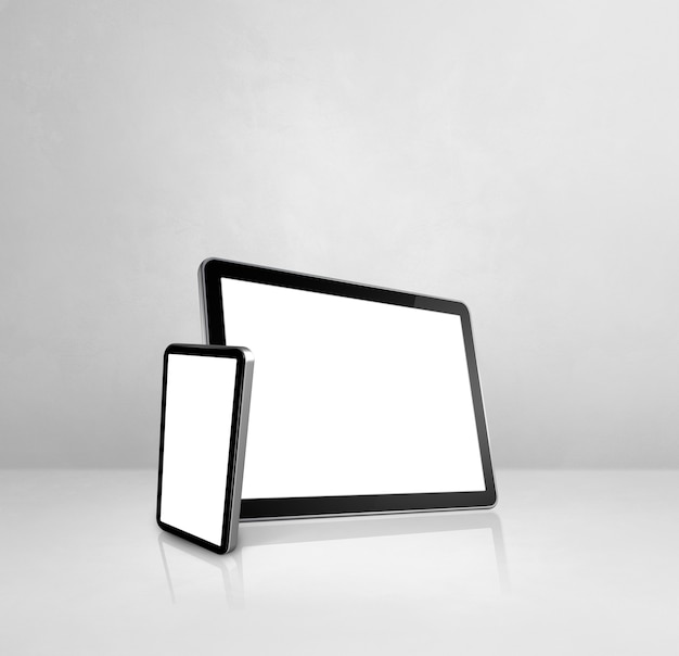 Mobiele telefoon en digitale tabletpc op wit concreet bureau. 3D-afbeelding