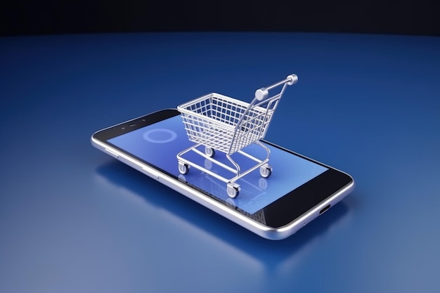 Mobiele telefoon en winkelwagentje illustratie online winkels concept achtergrond Generatieve AI