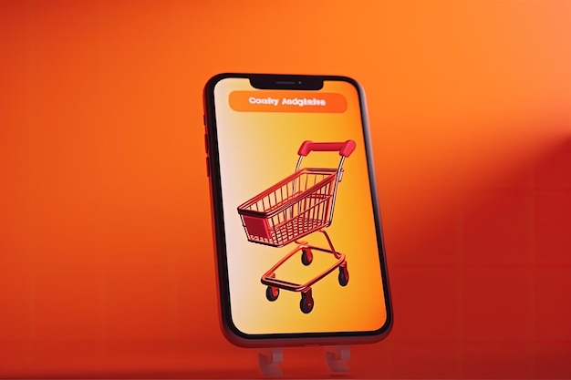 Mobiele telefoon en winkelwagentje illustratie online winkels concept achtergrond Generatieve AI