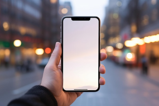 Foto mobiele telefoon met een wit scherm in de handen op een achtergrond van de stad