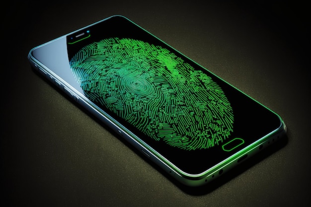 Mobiele telefoon met groene vingerafdruk op schermachtergrond Generatieve AI