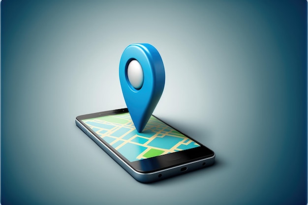 Mobiele telefoon met kaart- en locatiepictogram op scherm blauwe achtergrond Generatieve AI