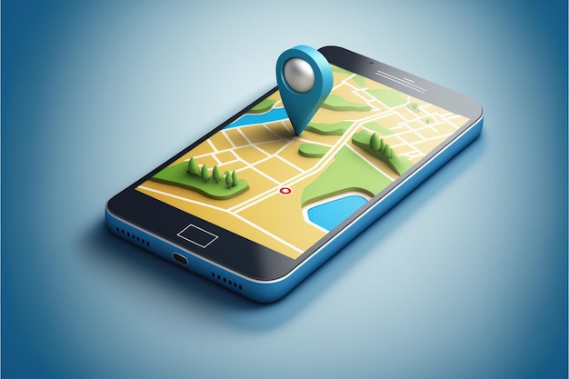 Mobiele telefoon met kaart- en locatiepictogram op scherm blauwe achtergrond Generatieve AI