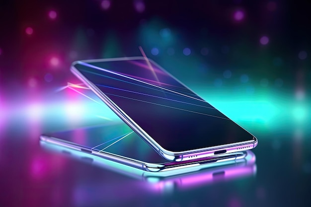 Mobiele telefoon op abstracte futuristische neon gekleurde achtergrond Generatieve AI