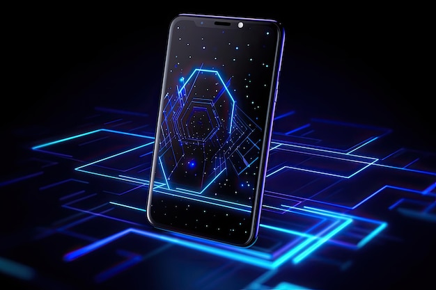 Mobiele telefoon op abstracte futuristische neon gekleurde achtergrond Generatieve AI