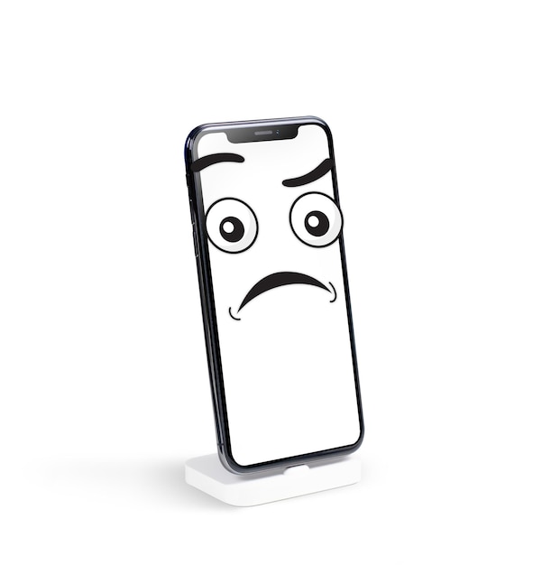 Mobiele telefoon scherm Mockup met verwarde gezichtsuitdrukking Emoticon Cartoon tekening