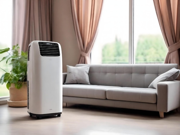 Photo mobile air conditioner near the sofa in a room with a large window