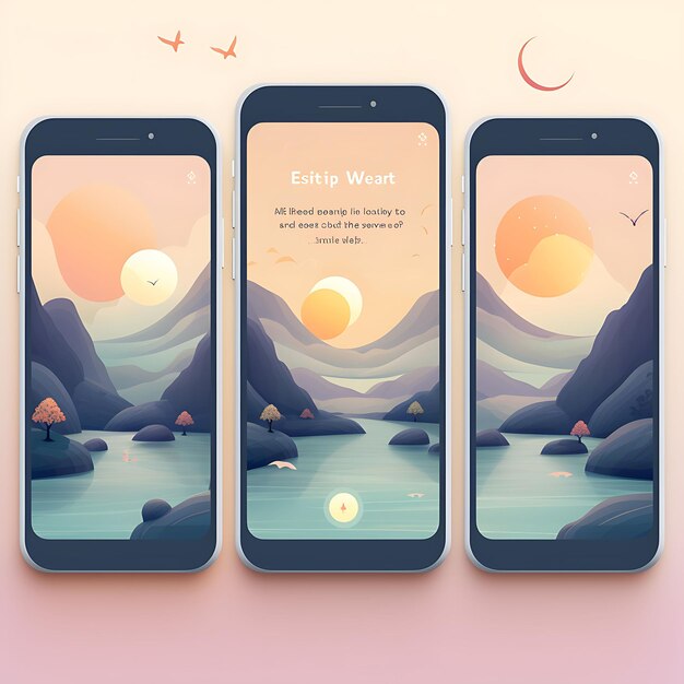 건강 및 웰니스 명상 앱 디자인 차분한 테마 Wi 크리에이티브 레이아웃의 모바일 앱 디자인