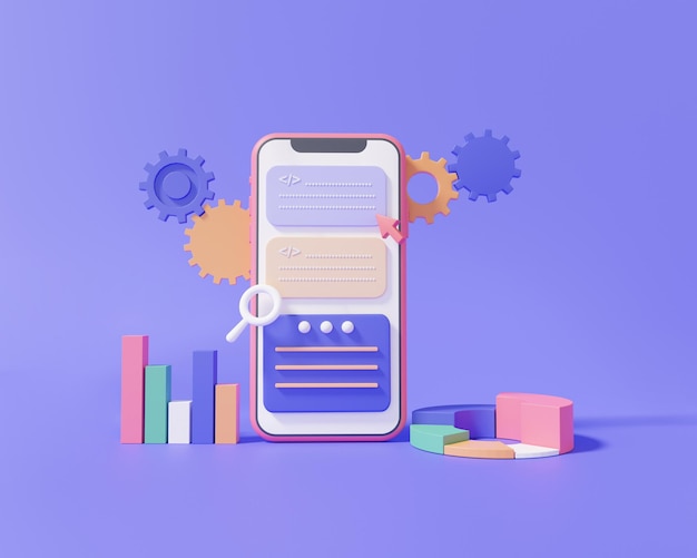 Mobile app developer Coding language development on purple background software programming concept statistic user interface system minimal cartoon 3d render illustration