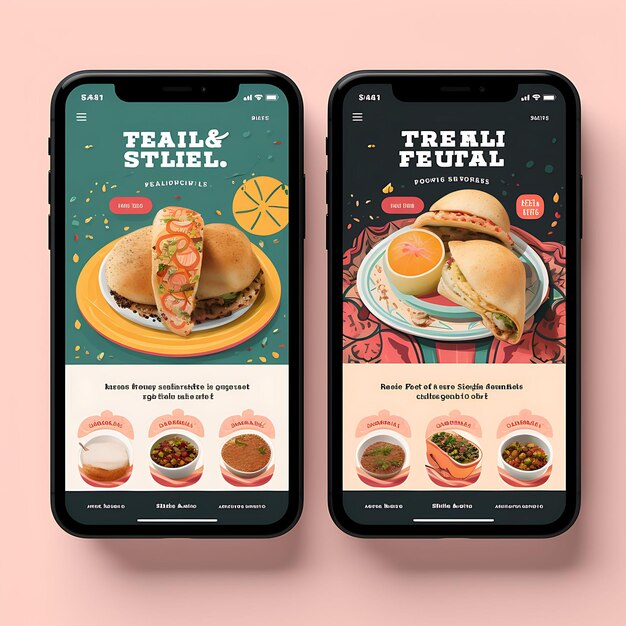 Foto app mobile di falafel fiesta design esotico e vibrante con un menu di cibo e bevande di medie dimensioni