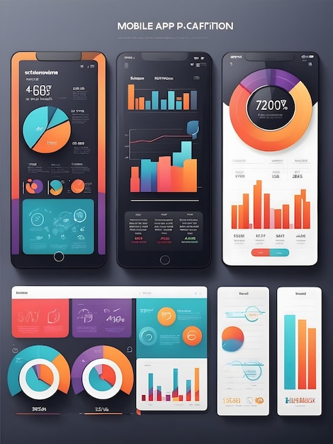 Photo mobile app infographic template with modern design weekly and annual statistics graphs