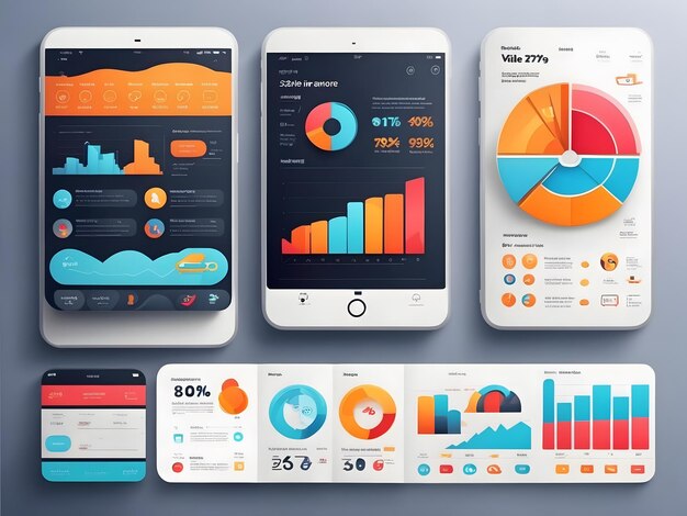 Photo mobile app infographic template with modern design weekly and annual statistics graphs