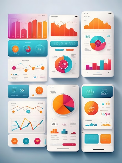 Photo mobile app infographic template with modern design weekly and annual statistics graphs