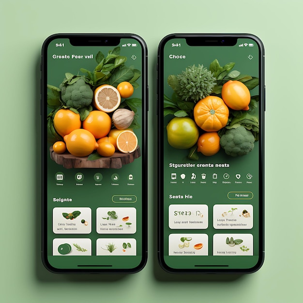 Дизайн мобильного приложения для доставки органической пищи с свежей и естественной планировкой и концепциями Gree