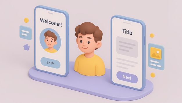 Mobile app onboarding schermontwerp met cartoon personage