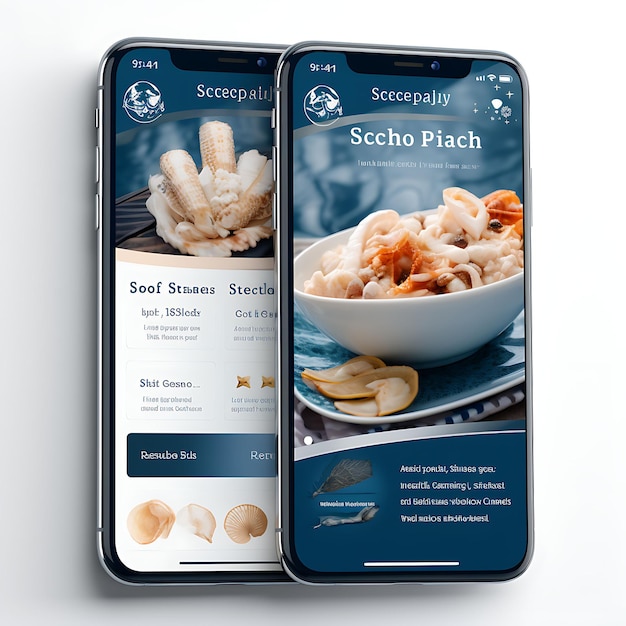 Mobile app of seafood symphony nautical and coastal design with a seafood food and drink menu