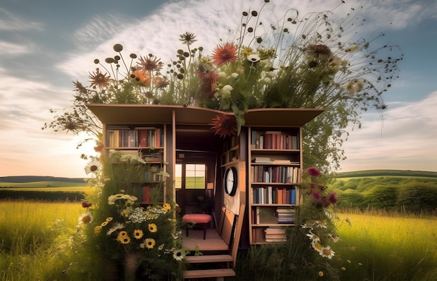 Mobile bookstore decorated with flowers at sunset