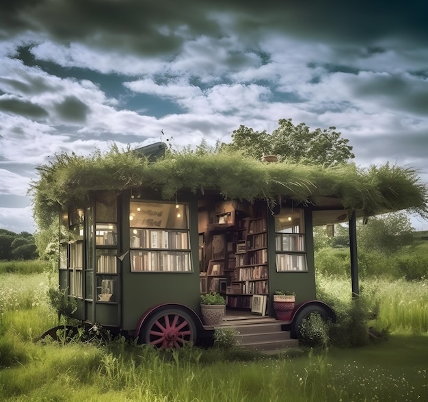 Mobile bookstore decorated with green plants