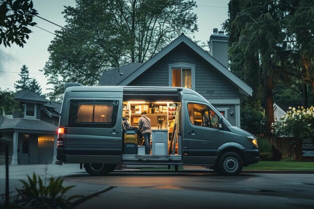 Foto mobile car service van bij zonsondergang