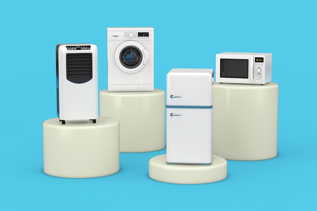 照片移动空调冷却器、洗衣机、冰箱和微波炉在蓝色的背景上。三维渲染