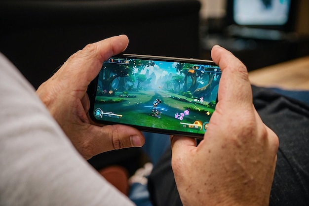 A mobile gamer playing game on his mobile