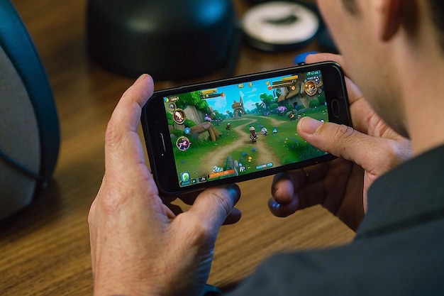 A mobile gamer playing game on his mobile