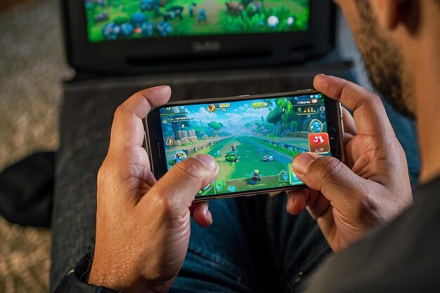 A mobile gamer playing game on his mobile