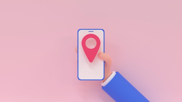 Мобильная геолокация. Мультфильм человеческая рука держит смартфон с булавкой. 3D визуализация иллюстрации