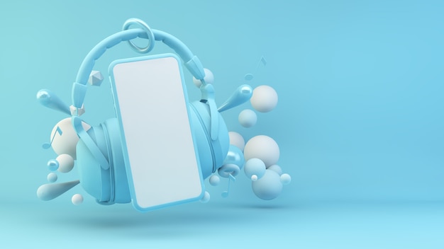 Mobile and headphones blue scene in 3d rendering