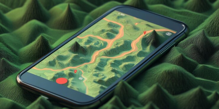 Фотография интерфейс 3d-топографической карты мобильного приложения для пеших прогулок