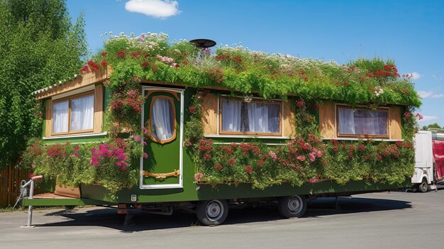 Mobile home covered with green leafs with beautiful flowers Generative AI