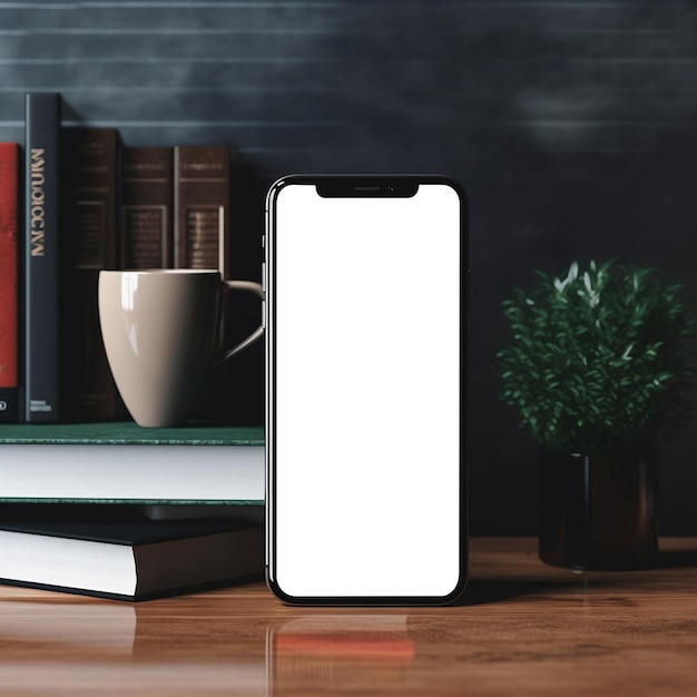 Mobile mockup on table with books