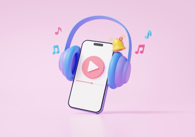 Mobile modern playing video with headphone floating on pink background podcast listening entertainment musical studio karaoke concept wireless media connection streaming 3d render illustration