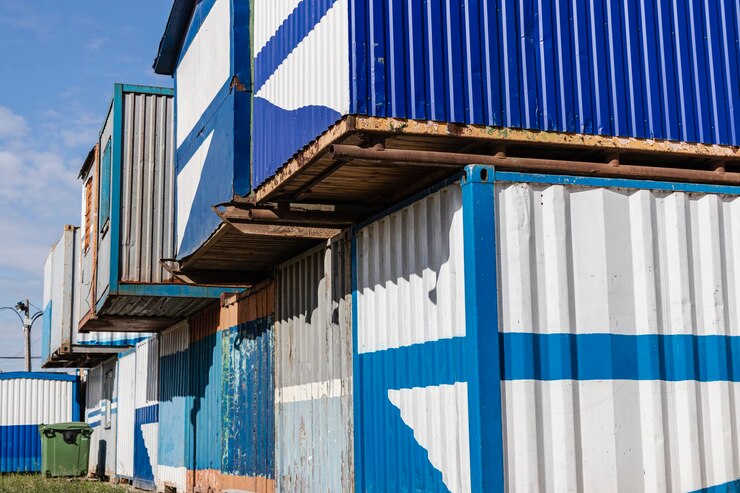 Photo mobile office buildings or container site office for construction site. amenity rooms for workers for housing builders on duty.