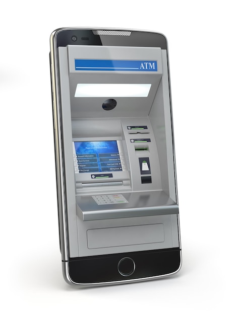 Mobile online banking and payment concept Smart phone as ATM isolated on white background