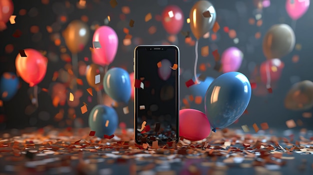 Фото Телефон, окруженный праздничными воздушными шарами и конфетами