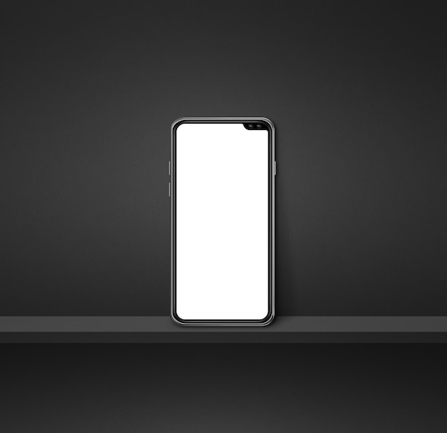 Telefono cellulare su mensola a muro nera sfondo quadrato