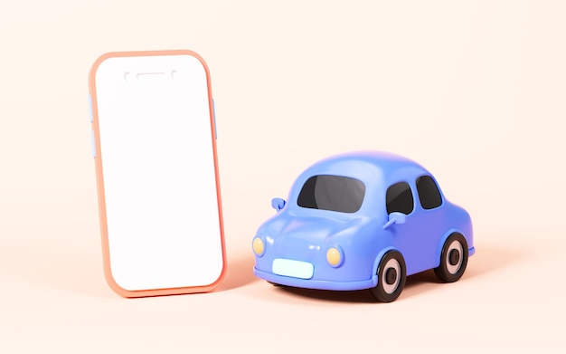 Mobile phone and cartoon blue car in the yellow background 3d rendering