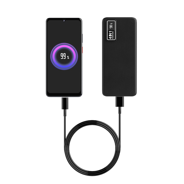 Photo mobile phone charging via mobile devices charging power bank 3d rendering