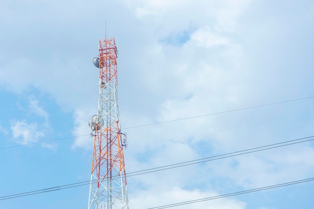 Mobile phone communication tower transmission blue sky background