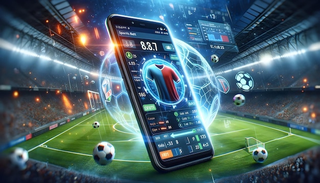 Photo mobile phone display show scores in soccer stadium