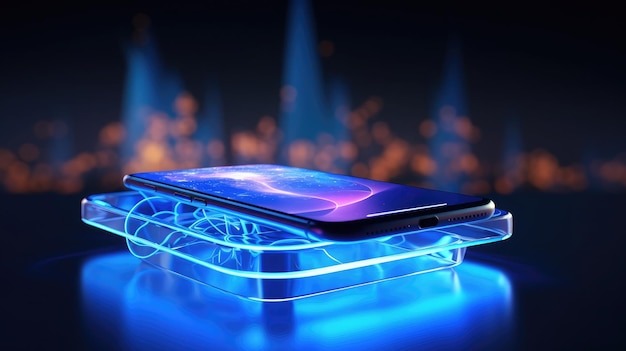 Мобильный телефон излучает яркий и футуристический сигнал с реалистичными светящимися и осветительными эффектами, демонстрирующими динамическую энергию входящей связи 3D рендеринг мобильного телефона
