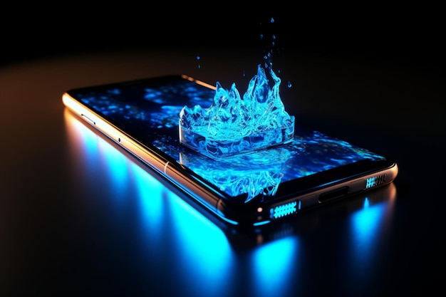 Mobile phone glowing in blue reflection glass