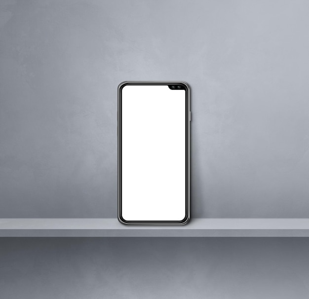 Mobile phone on grey wall shelf Square background