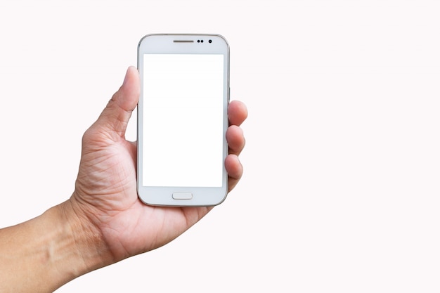 Mobile phone in hand on white background