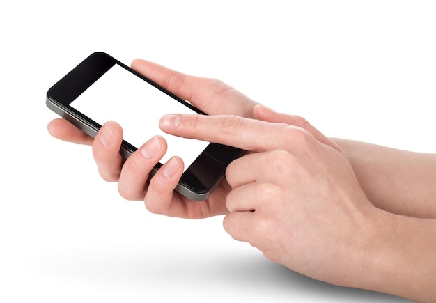 Mobile phone in hands isolated on white