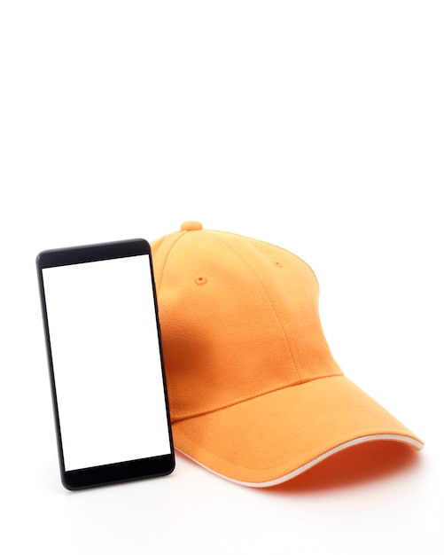Foto telefono cellulare e cappello per la consegna shopping online concetto su bianco